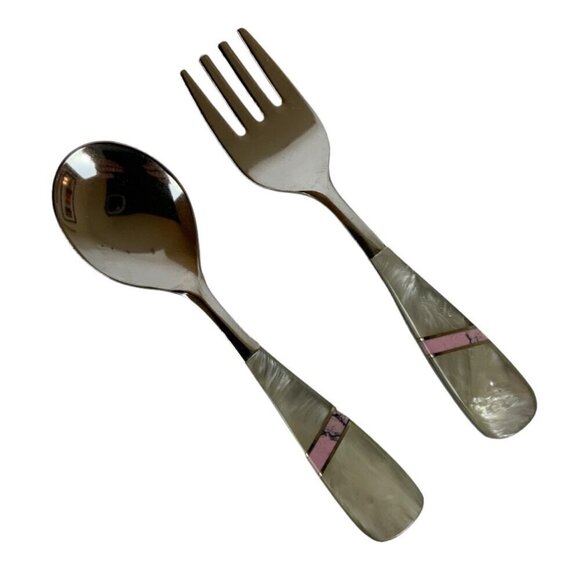 Vtg The First Years Deluxe Stainless Baby Spoon Fork Set Pearlized Handle Pink - Picture 1 of 4